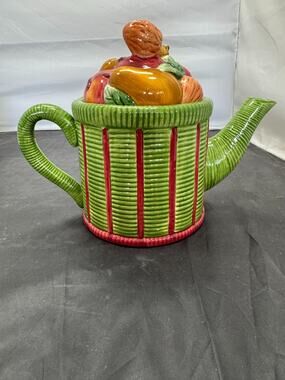 Vintage Cooks Club Ceramic Basket of Fruit Teapot Wicker Basketweave Harvest 6"